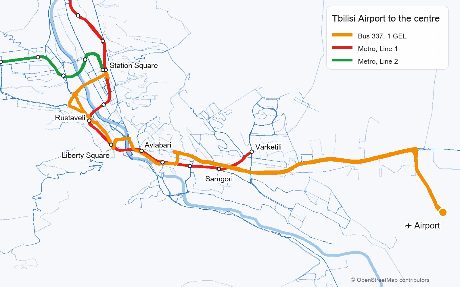 Route of bus 337 from Tbilisi Airport to the centre