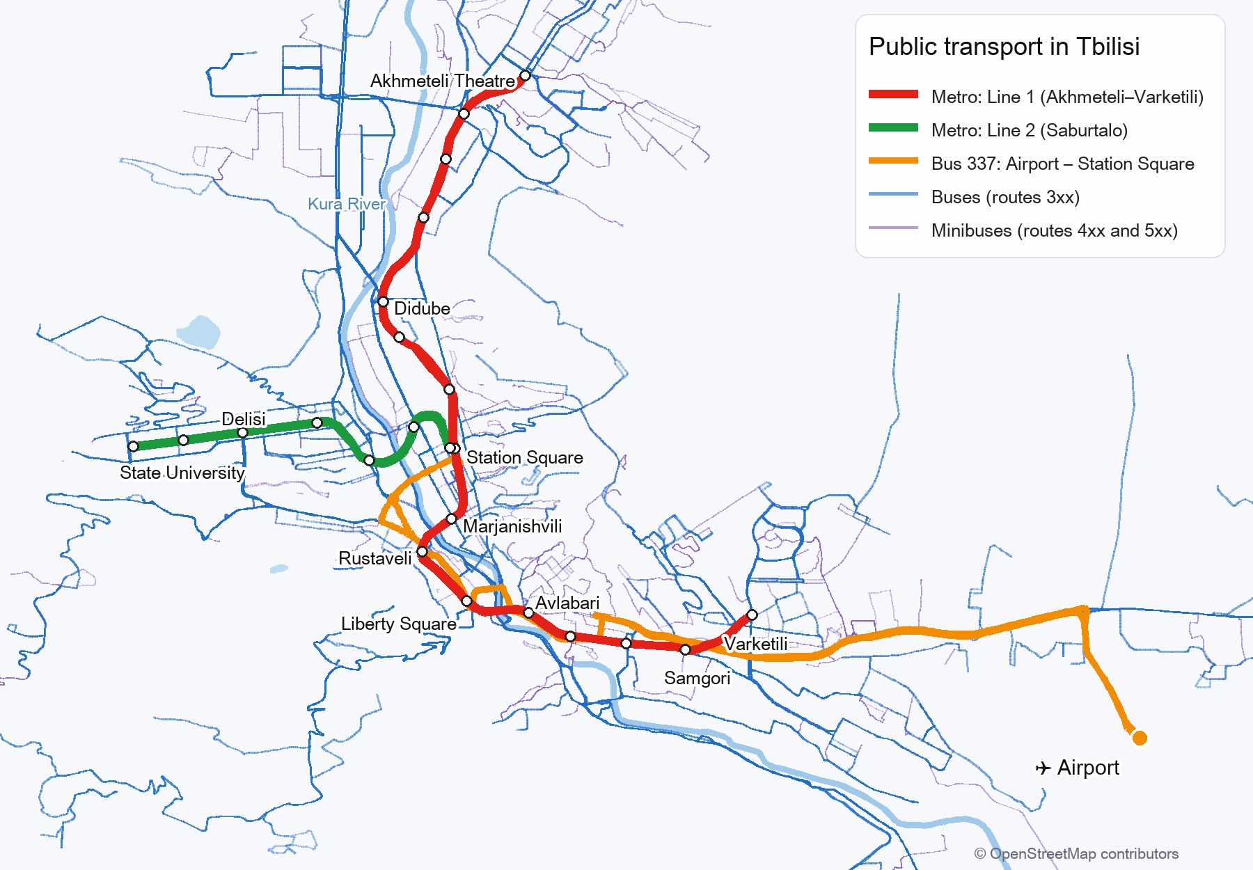 Tbilisi public transport map: metro, buses, minibuses, bus 337 to the airport