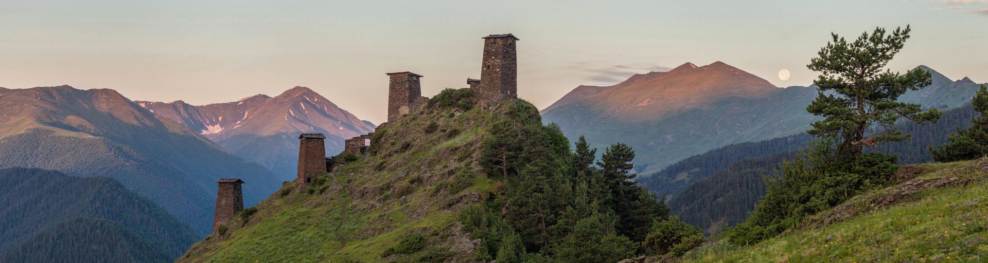 Towers of Keselo Fortress in Tusheti at sunset